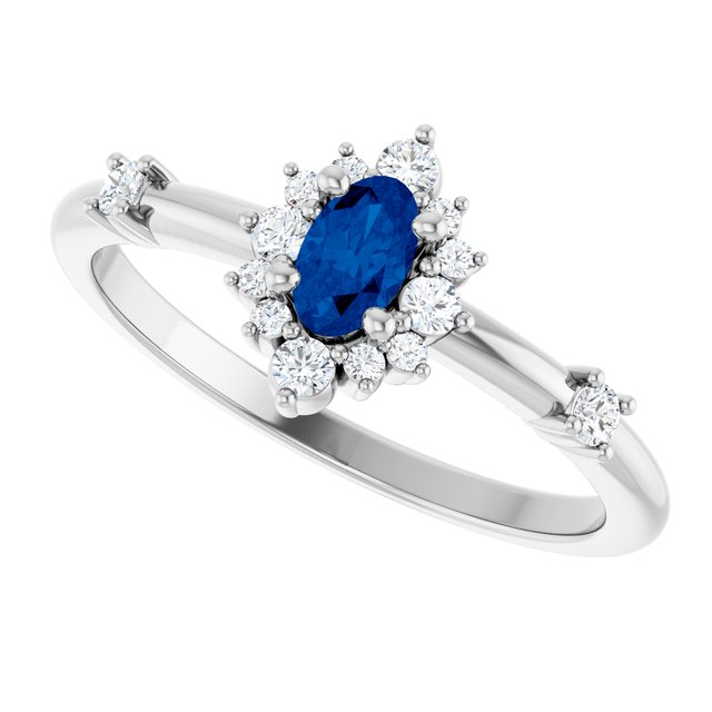 Oval Lab-Grown Blue Sapphire & Diamond Halo Ring in White Gold