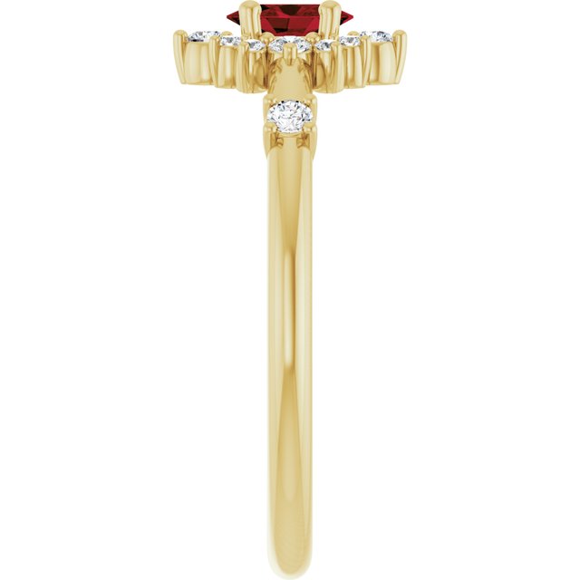 Oval Mozambique Garnet & Diamond Halo Ring in Yellow Gold