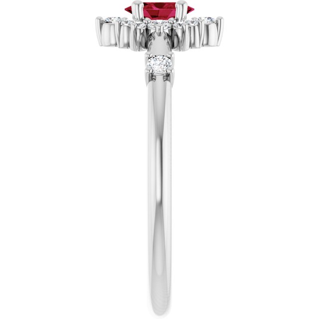 Oval Lab-Grown Ruby Halo Ring with Diamond Accents in White Gold