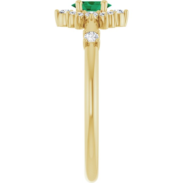 Oval Lab-Grown Emerald & Diamond Halo Ring in Yellow Gold
