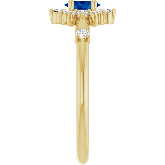 Oval Blue Sapphire Halo Ring with Diamond Accents in Yellow Gold