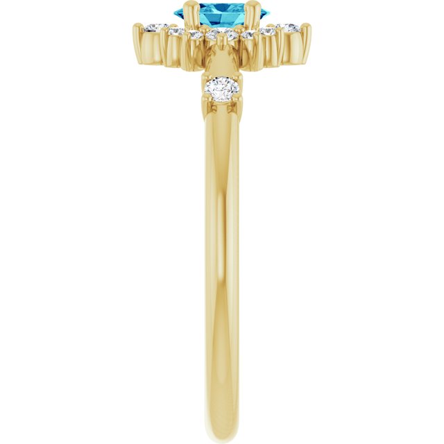 Oval Blue Zircon Halo Ring with Diamond Accents in Yellow Gold