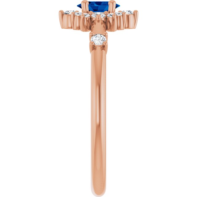 Oval Blue Sapphire Halo Ring with Diamond Accents in Rose Gold