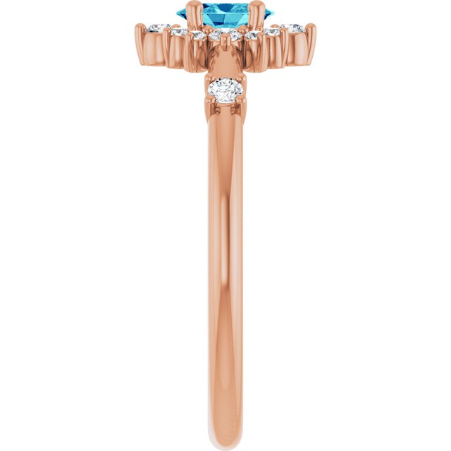 Oval Blue Zircon Halo Ring with Diamond Accents in Rose Gold