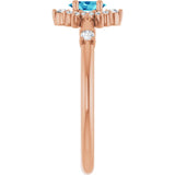 Oval Blue Zircon Halo Ring with Diamond Accents in Rose Gold