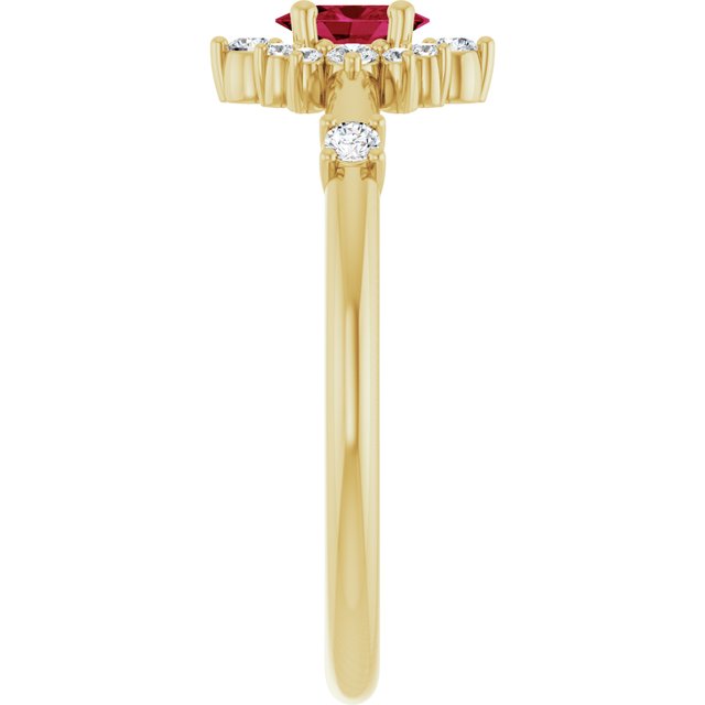 Oval Ruby Halo Ring with Diamond Accents in Yellow Gold