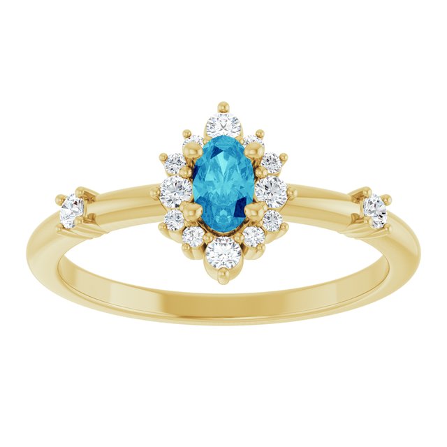 Oval Blue Zircon Halo Ring with Diamond Accents in Yellow Gold