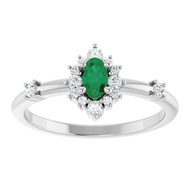 Oval Lab-Grown Emerald & Diamond Halo Ring in White Gold