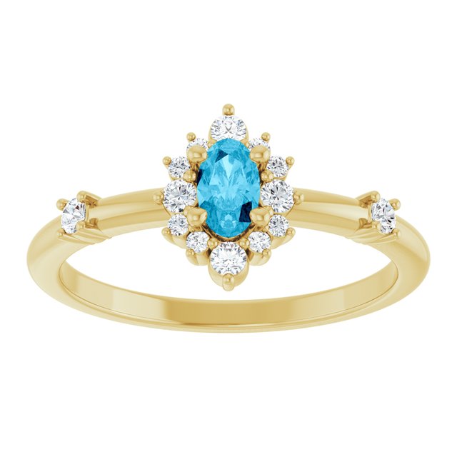 Oval Aquamarine Halo Ring with Diamond Accents in Yellow Gold