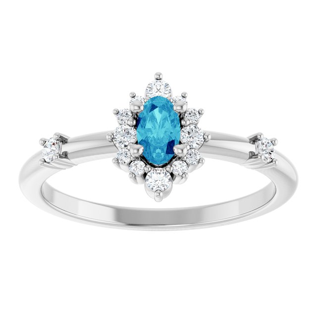 Oval Blue Zircon Halo Ring with Diamond Accents in Platinum