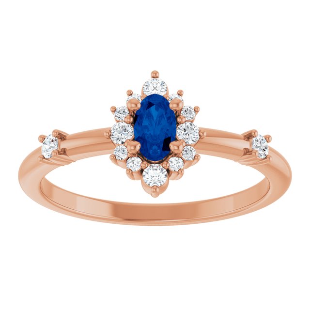 Oval Blue Sapphire Halo Ring with Diamond Accents in Rose Gold