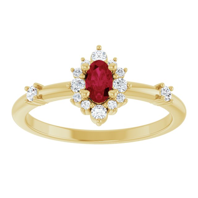 Oval Ruby Halo Ring with Diamond Accents in Yellow Gold