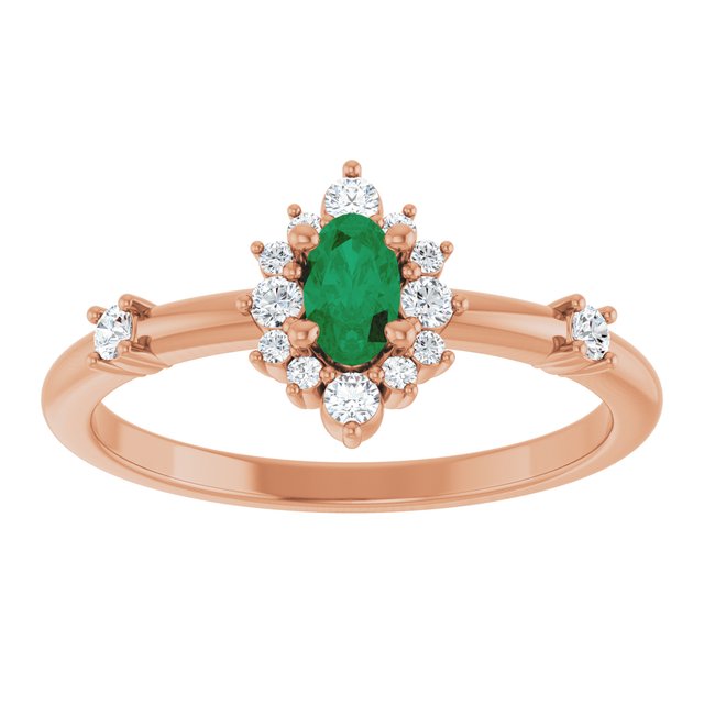 Oval Lab-Grown Emerald Halo Ring with Diamond Accents in Rose Gold