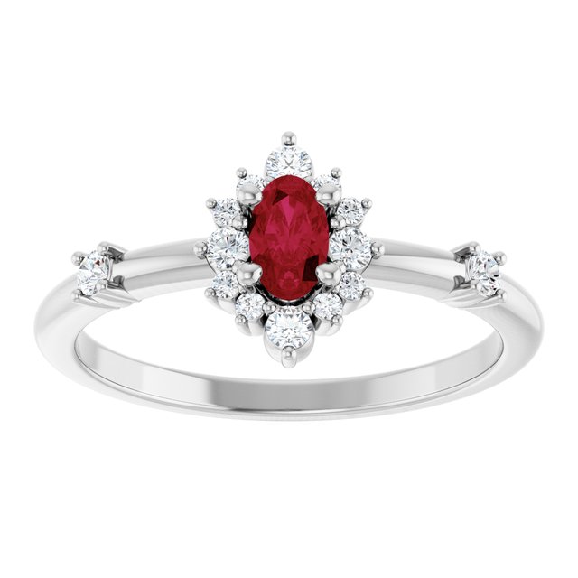 Oval Ruby Halo Ring with Diamond Accents in White Gold