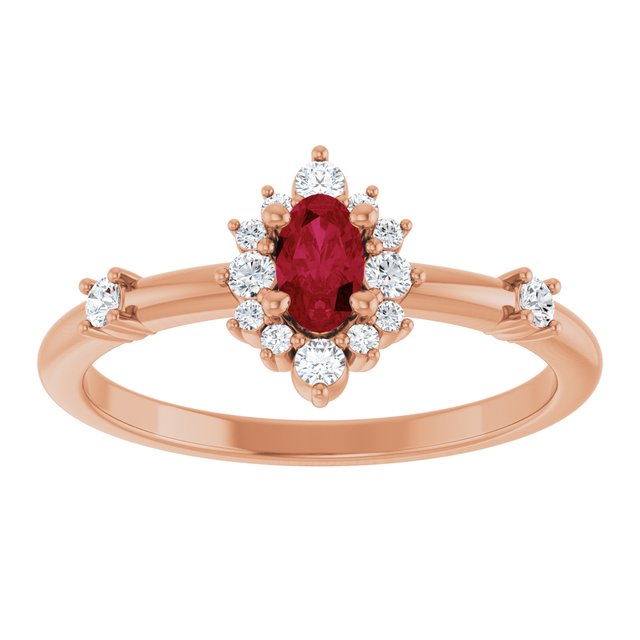 Oval Ruby Halo Ring with Diamond Accents in Rose Gold