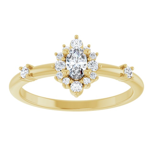 Oval White Sapphire Halo Ring with Diamond Accents in Yellow Gold