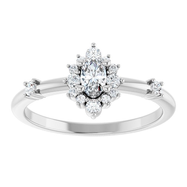 Oval White Sapphire Halo Ring with Diamond Accents in White Gold