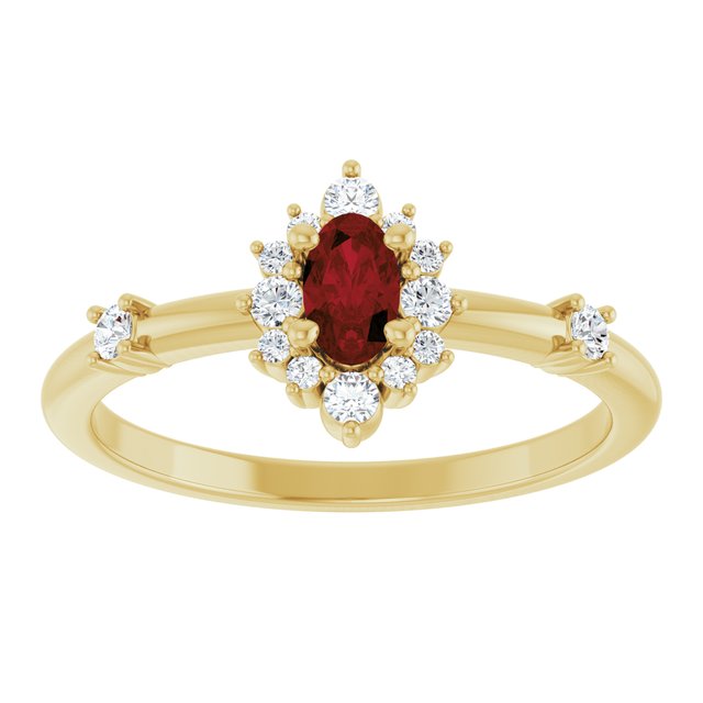 Oval Mozambique Garnet & Diamond Halo Ring in Yellow Gold