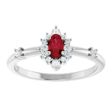 Oval Lab-Grown Ruby Halo Ring with Diamond Accents in White Gold