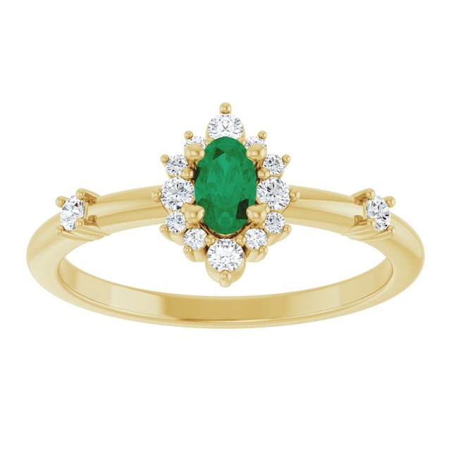 Oval Lab-Grown Emerald & Diamond Halo Ring in Yellow Gold