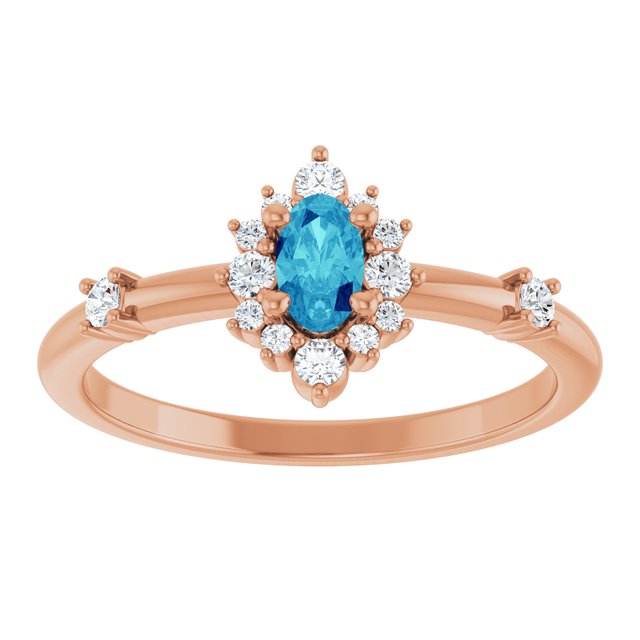 Oval Blue Zircon Halo Ring with Diamond Accents in Rose Gold