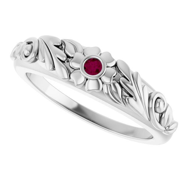 Round Rhodolite Garnet Symbols Ring in Gold and Platinum