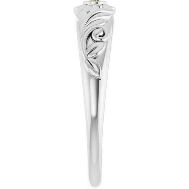 Round Green Sapphire Symbols Ring in White Gold