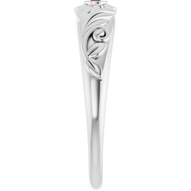 Round Rhodolite Garnet Symbols Ring in Gold and Platinum