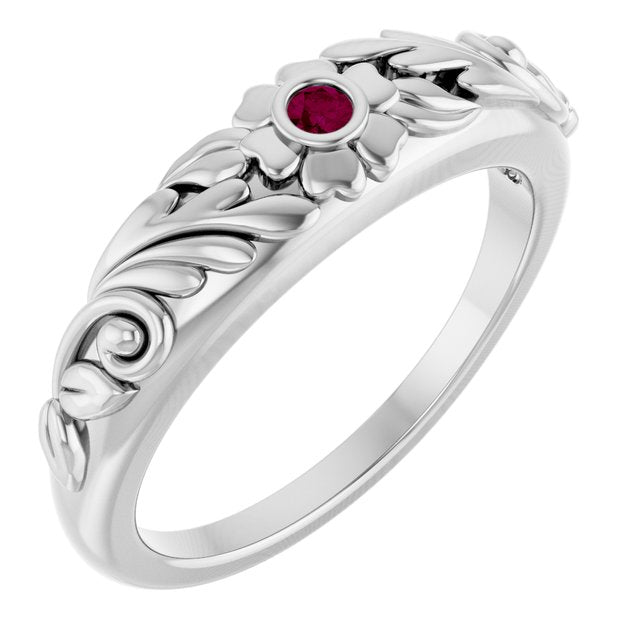 Round Rhodolite Garnet Symbols Ring in Gold and Platinum