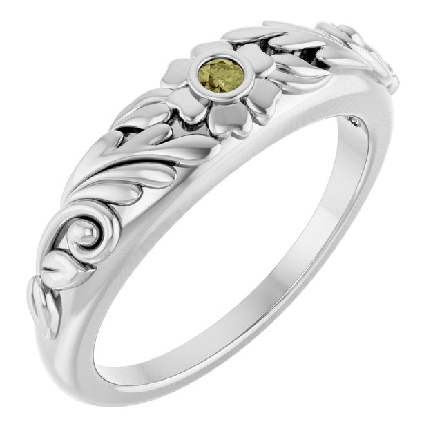 Round Green Sapphire Symbols Ring in White Gold