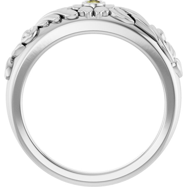 Round Green Sapphire Symbols Ring in White Gold