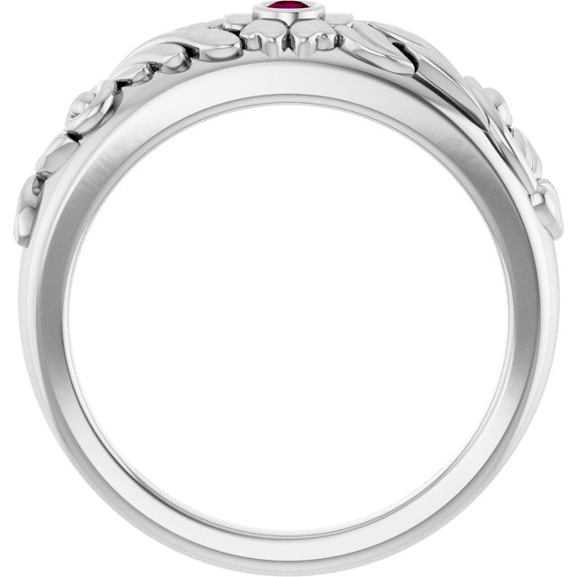 Round Rhodolite Garnet Symbols Ring in Gold and Platinum