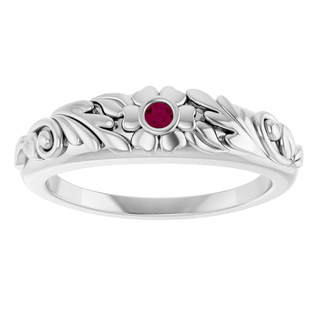 Round Rhodolite Garnet Symbols Ring in Gold and Platinum