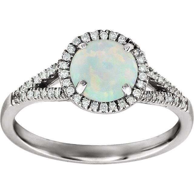Round Lab-Grown White Opal & Diamond Halo Ring in White Gold