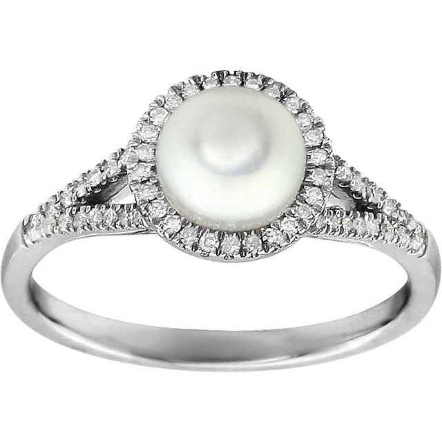 Pearl Cultured White Freshwater Pearl & Diamond Ring in White Gold
