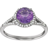 Round Amethyst Halo Ring with Diamond Accents in White Gold
