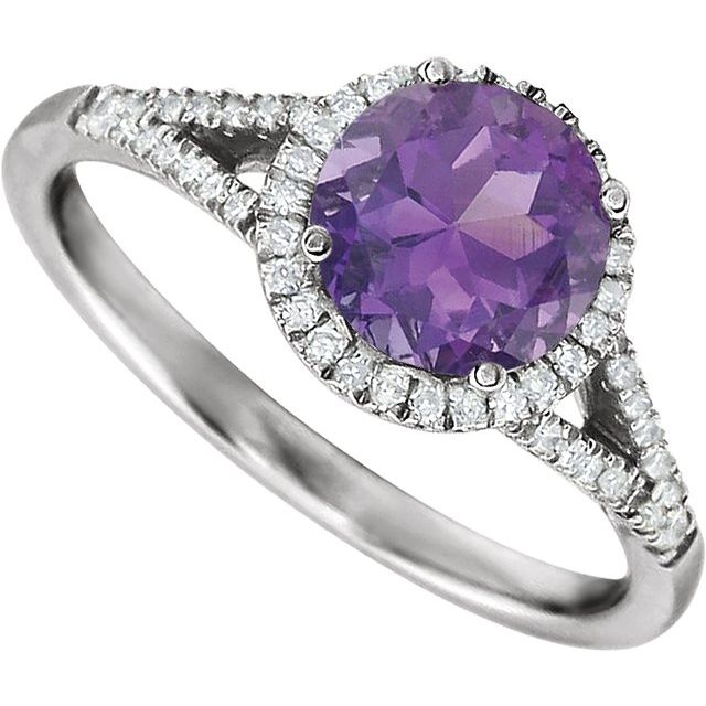 Round Amethyst Halo Ring with Diamond Accents in White Gold