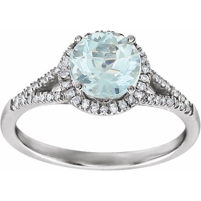 Round Aquamarine Halo Ring with Diamond Accents in White Gold