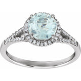 Round Aquamarine Halo Ring with Diamond Accents in White Gold