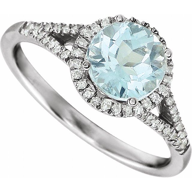Round Aquamarine Halo Ring with Diamond Accents in White Gold