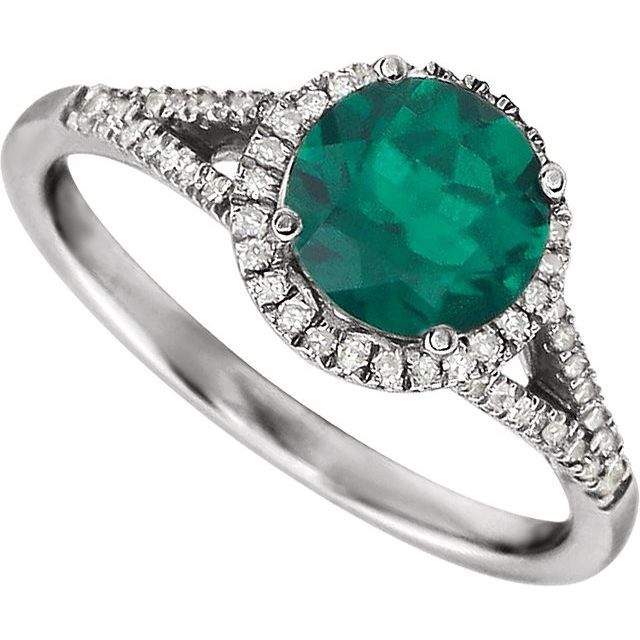 Round Lab-Grown Emerald & Diamond Halo Ring in White Gold