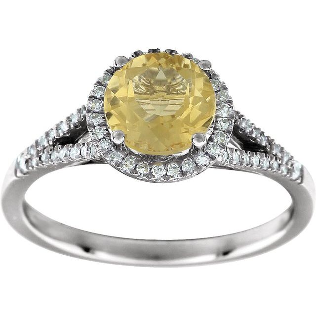 Round Citrine Halo Ring with Diamond Accents in White Gold