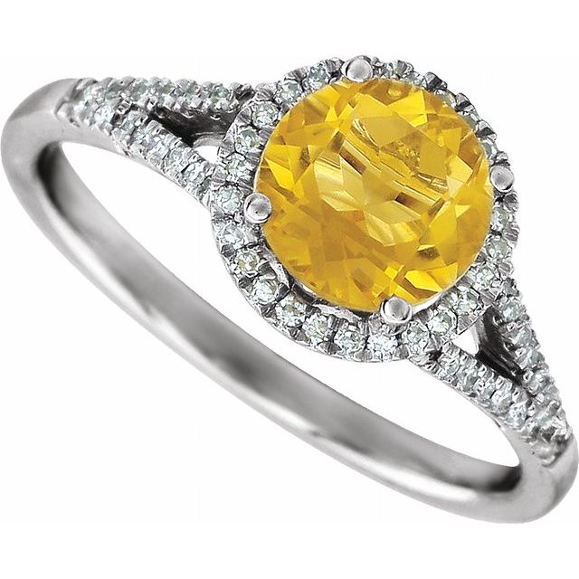 Round Citrine Halo Ring with Diamond Accents in White Gold
