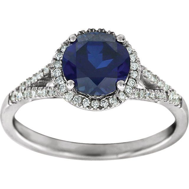 Round Lab-Grown Blue Sapphire & Diamond Halo Ring in White Gold