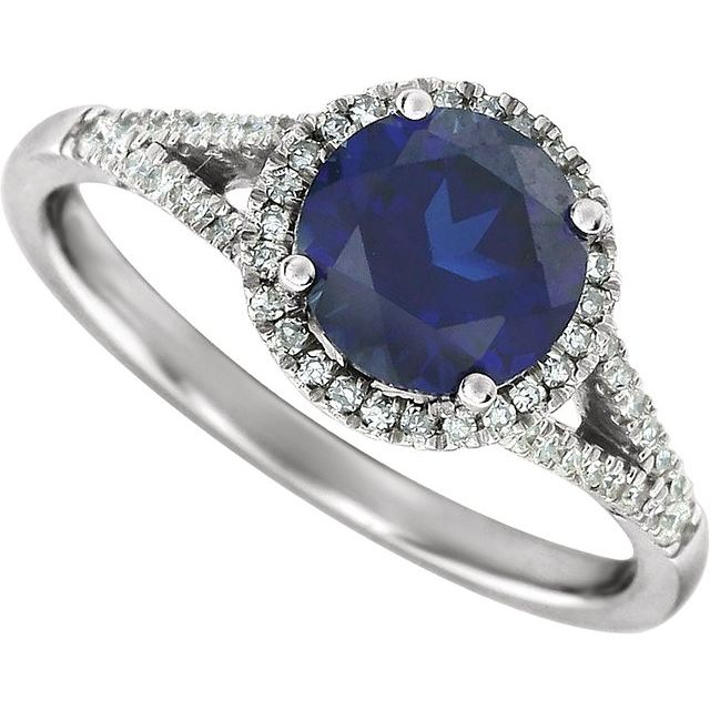 Round Lab-Grown Blue Sapphire & Diamond Halo Ring in White Gold