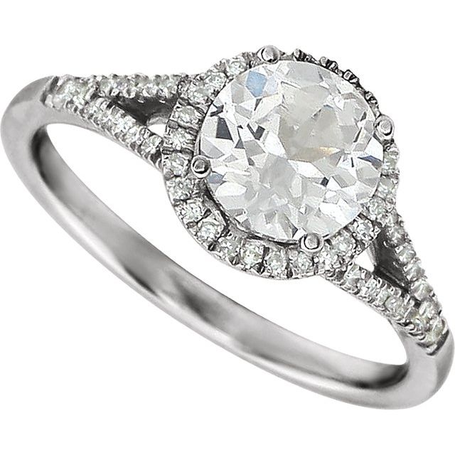 Round Lab-Grown White Sapphire & Diamond Halo Ring in White Gold