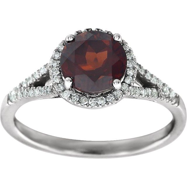 Round Mozambique Garnet & Diamond Halo Ring in White Gold