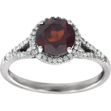 Round Mozambique Garnet & Diamond Halo Ring in White Gold