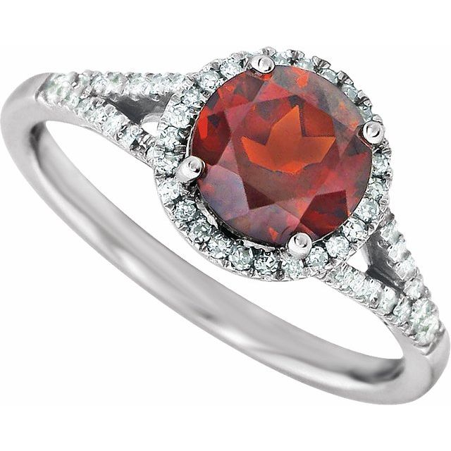Round Mozambique Garnet & Diamond Halo Ring in White Gold