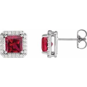 Ruby & Diamond Square Halo Stud Earrings in Gold and Platinum